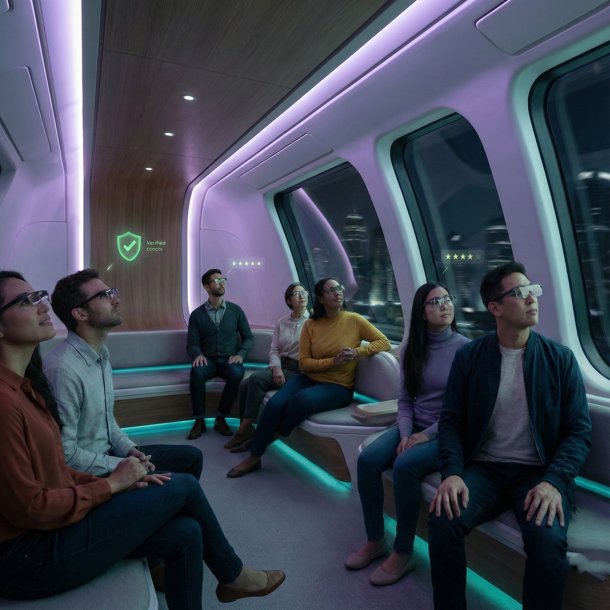 Future subway riders wearing glasses with holograms in the air